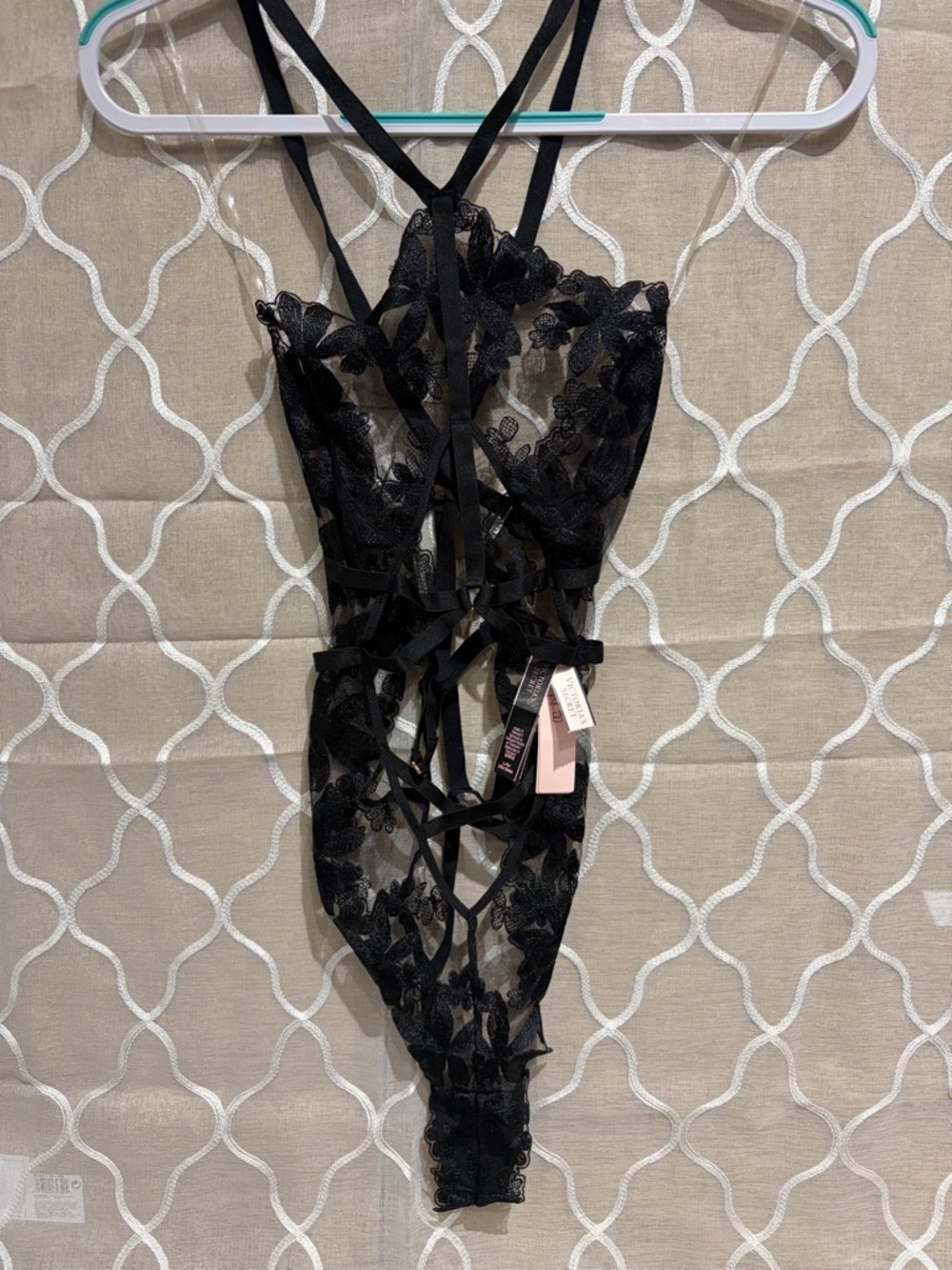 Victoria's Secret Black Lace Strappy Bodysuit with Pink Tag